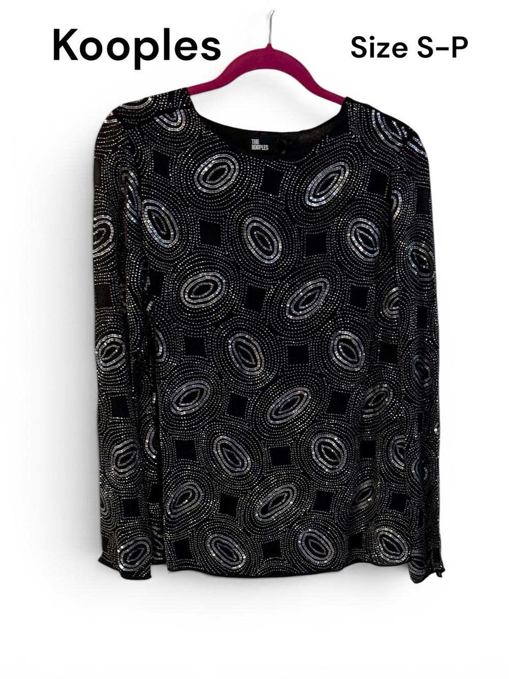 The KOOPLES Galaxy Rhinestone Beaded Top Black Long Sleeve Small Petite NWT